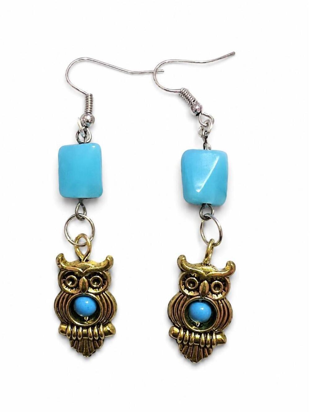 Handmade turquoise owl dangle earrings